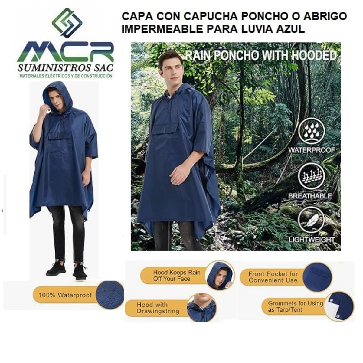 GENERICO - CAPA CON CAPUCHA O PONCHO PVC IMPERMEABLE PARA LLUVIA  AZUL CON BOLSILLO