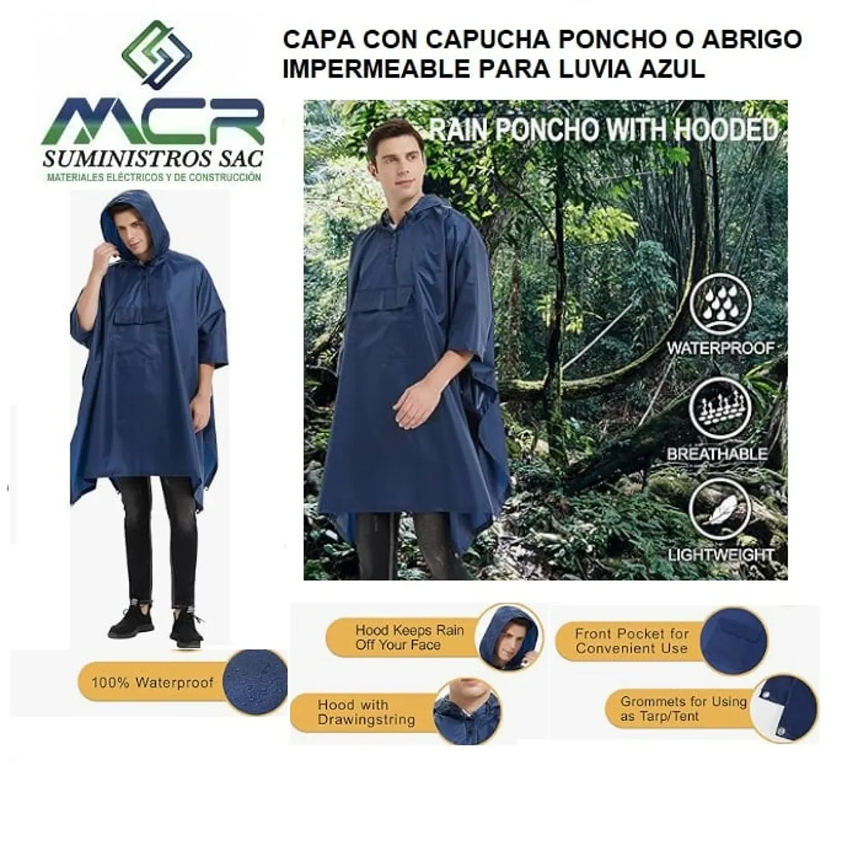 GENERICO - CAPA CON CAPUCHA O PONCHO PVC IMPERMEABLE PARA LLUVIA  AZUL CON BOLSILLO