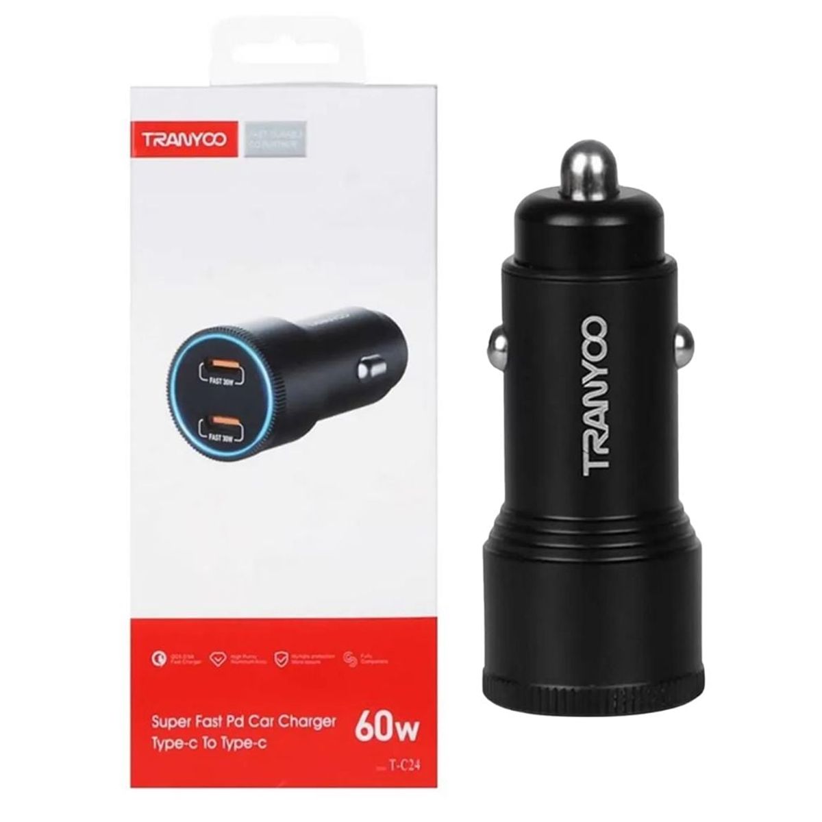 TRANYOO - Cargador Auto 2 Puertos Tipo C 60W QC5.0 Carga Rápida TRANYOO T-C24