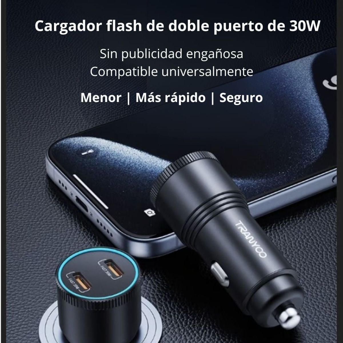 TRANYOO - Cargador Auto 2 Puertos Tipo C 60W QC5.0 Carga Rápida TRANYOO T-C24