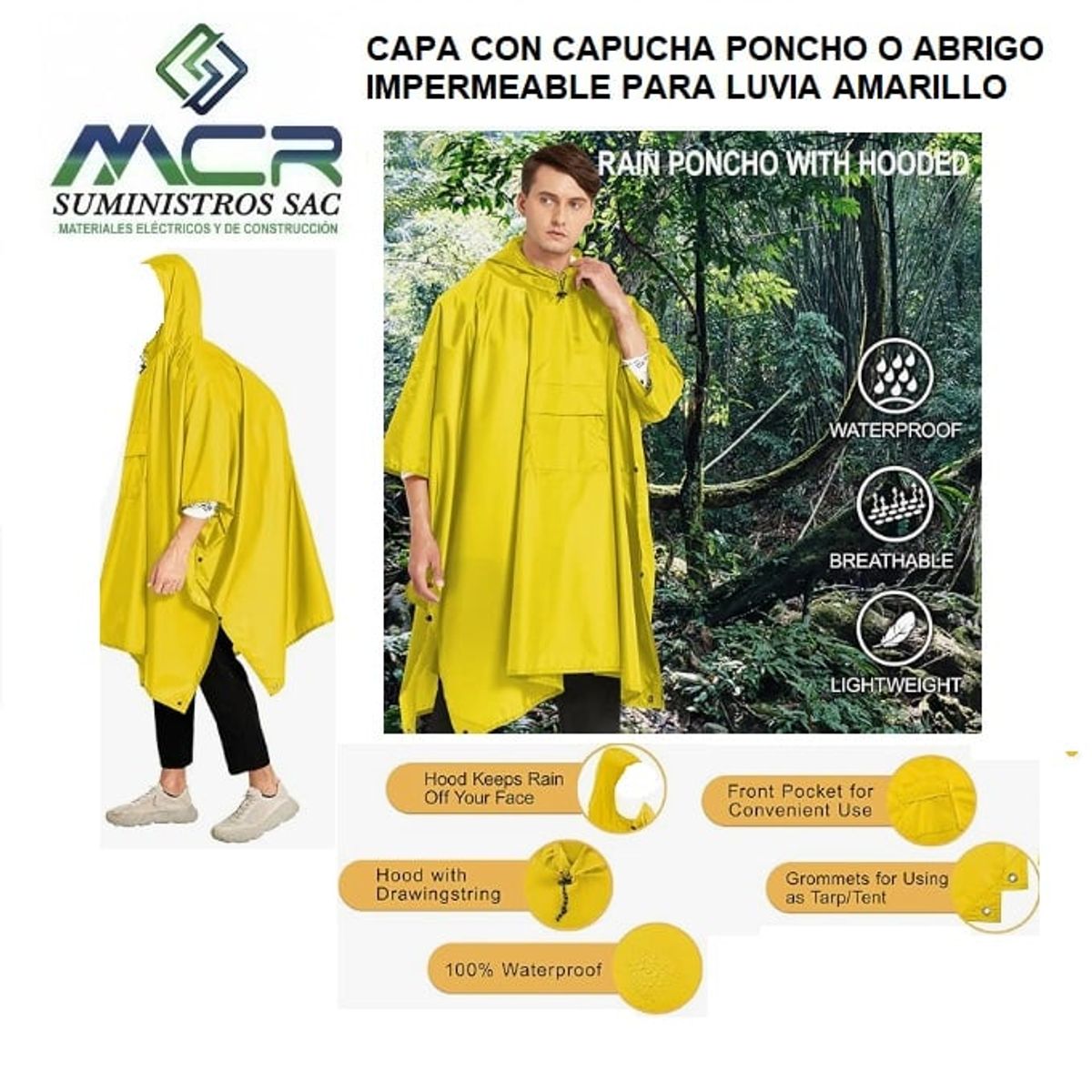 GENERICO - CAPA CON CAPUCHA O PONCHO PVC IMPERMEABLE PARA LLUVIA AMARILLO CON BOLSILLO