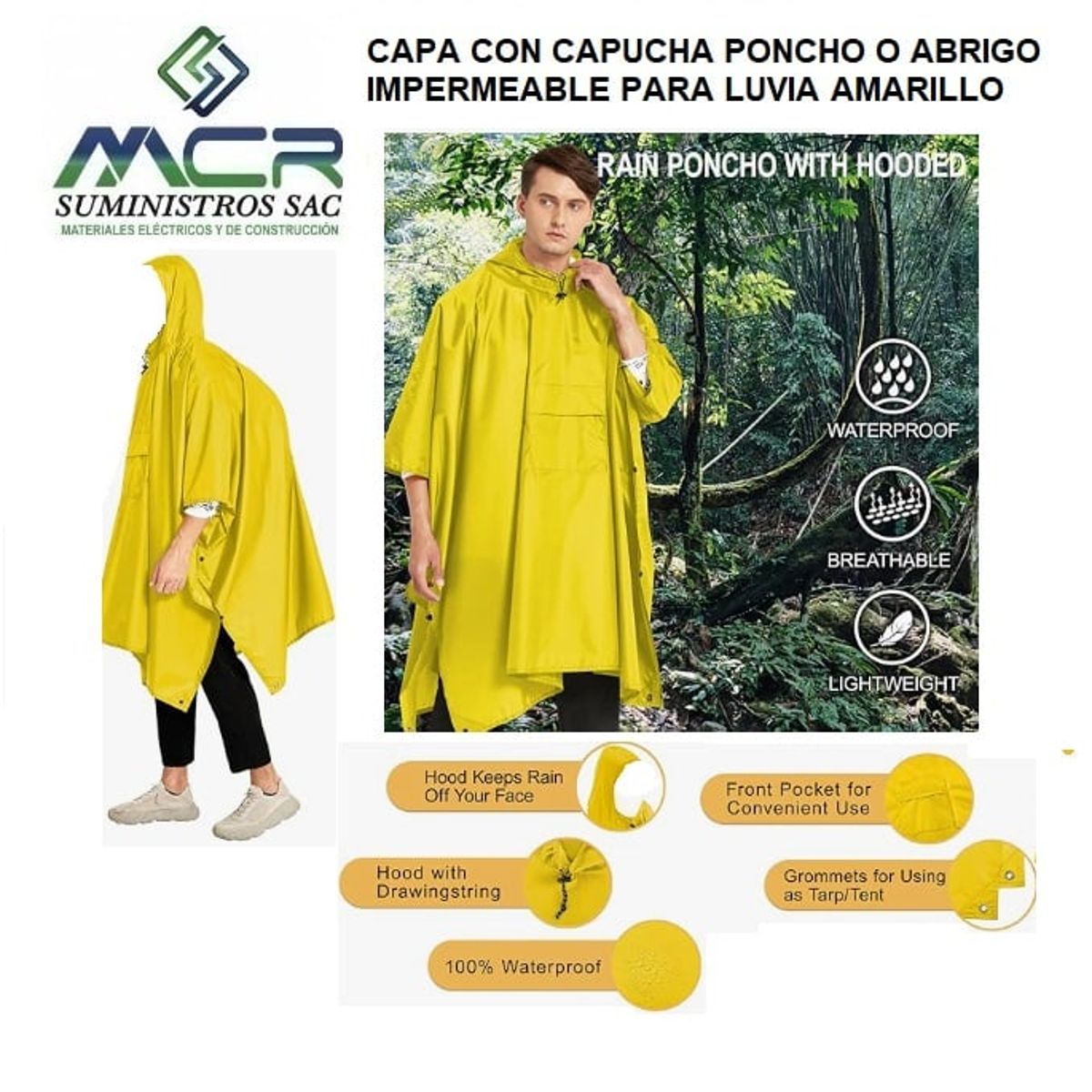 GENERICO - CAPA CON CAPUCHA O PONCHO PVC IMPERMEABLE PARA LLUVIA AMARILLO CON BOLSILLO