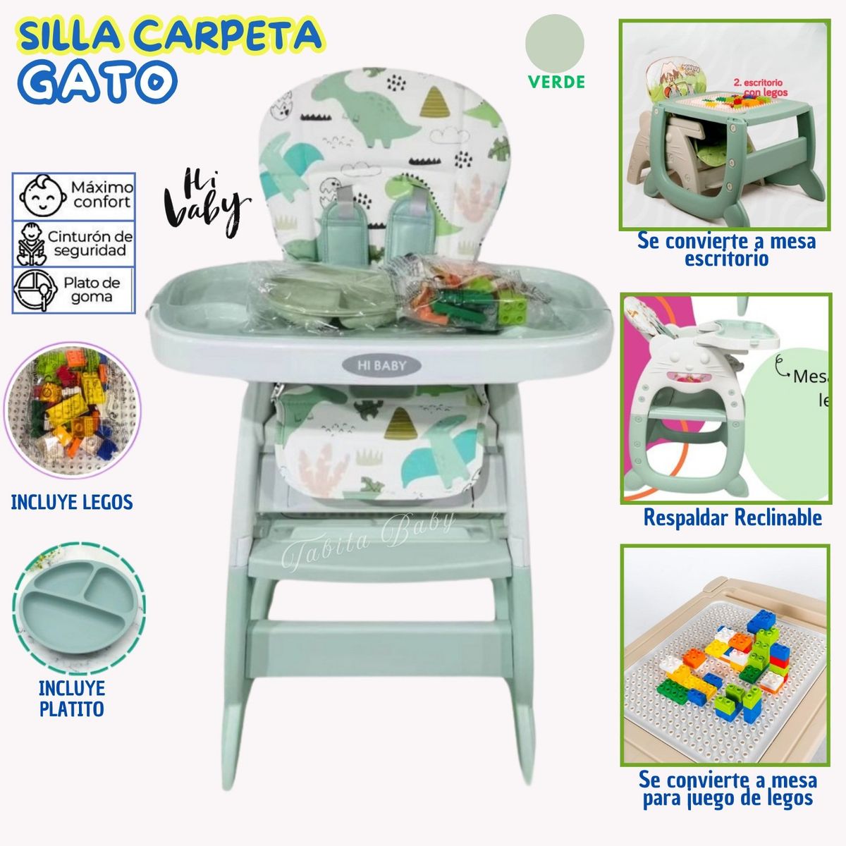 HI BABY - Silla de comer Carpeta Reclinable Gato Verde
