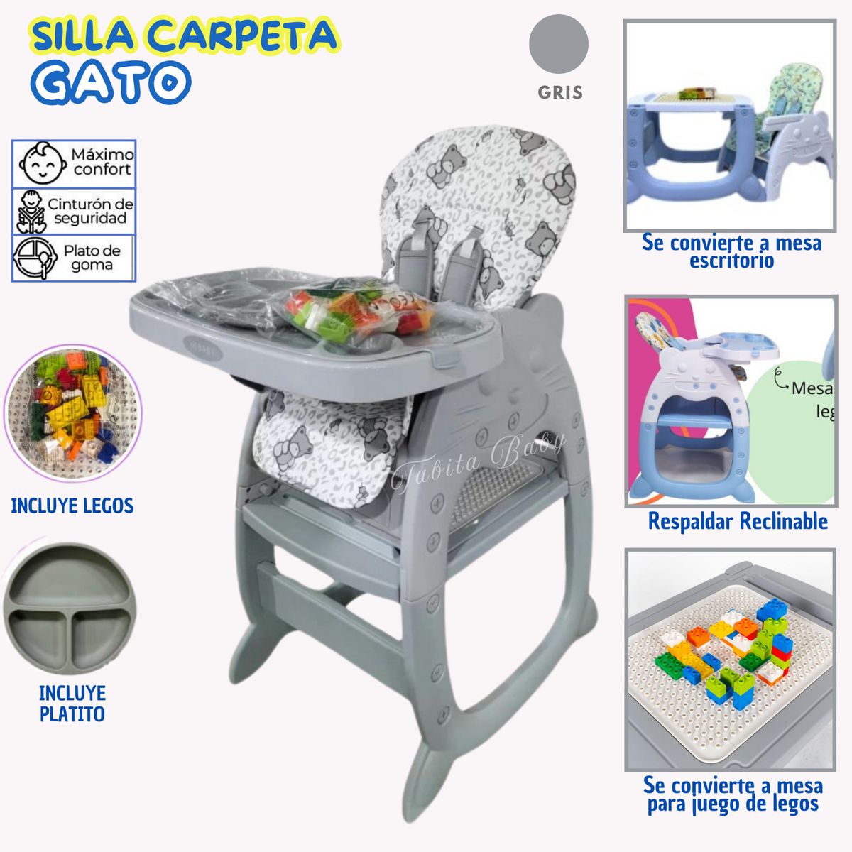 HI BABY - Silla de comer Carpeta Reclinable Gato Gris