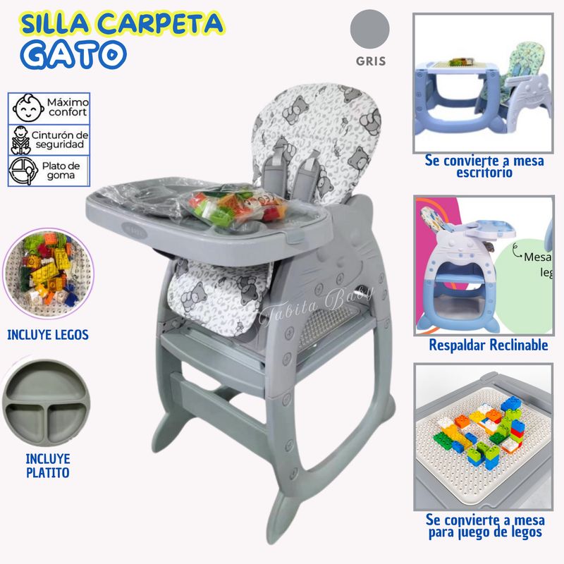 HI BABY - Silla de comer Carpeta Reclinable Gato Gris