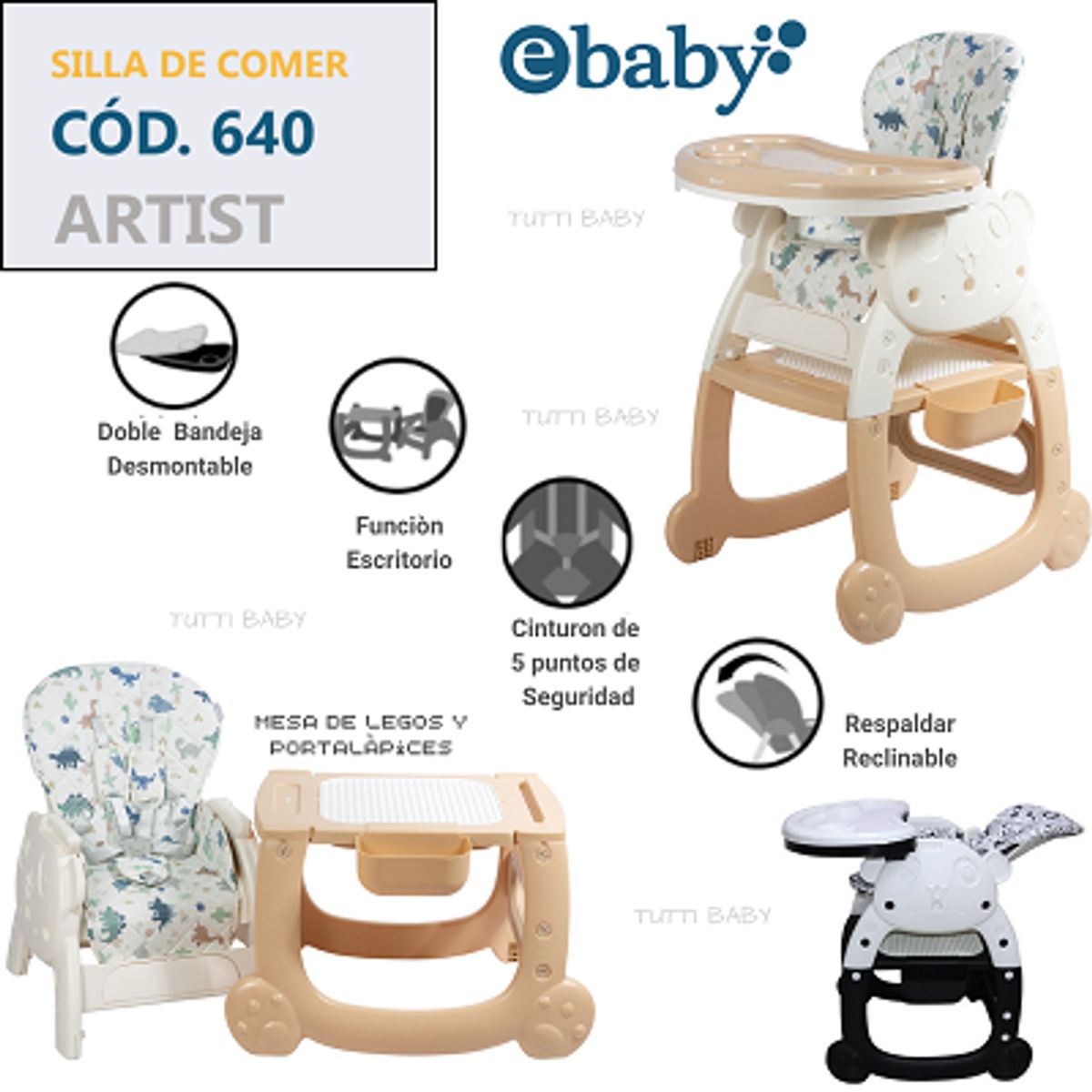 EBABY - SILLA  DE COMEDOR ESCRITORIO  ARTIST 4 EN 1 BEIGE + OBSEQUIO PLATO PARA NIÑO Y 1 BOLSA DE LEGOS