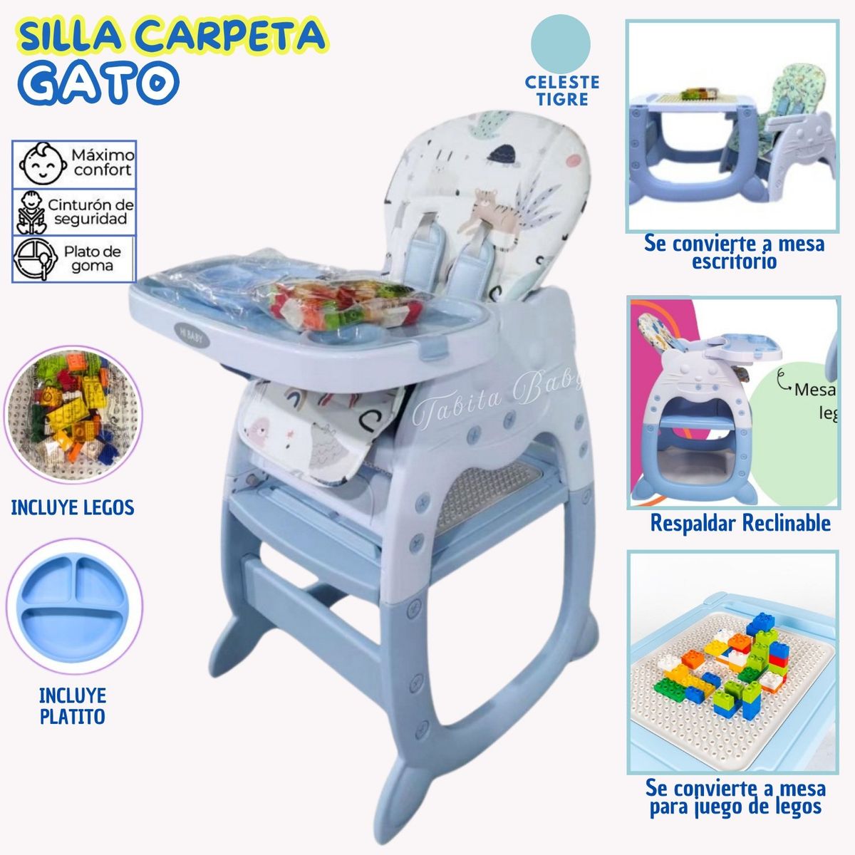 HI BABY - Silla de comer Carpeta Reclinable Gato Celeste Tigre