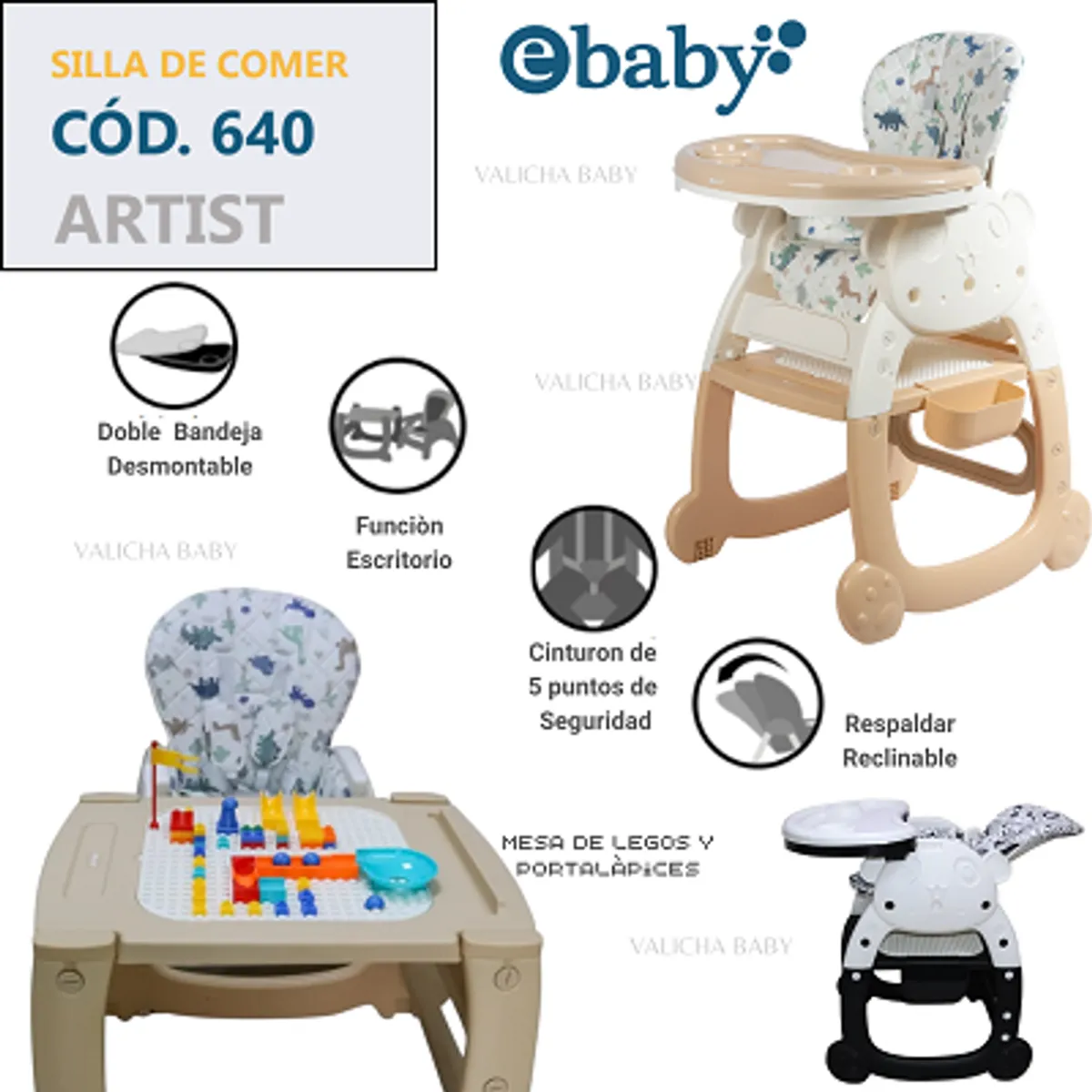 EBABY - SILLA  DE COMEDOR ESCRITORIO ARTIST BEIGE 4 EN 1 + OBSEQUIO PLATITO PARA NIÑO Y 1 BOLSA DE LEGOS
