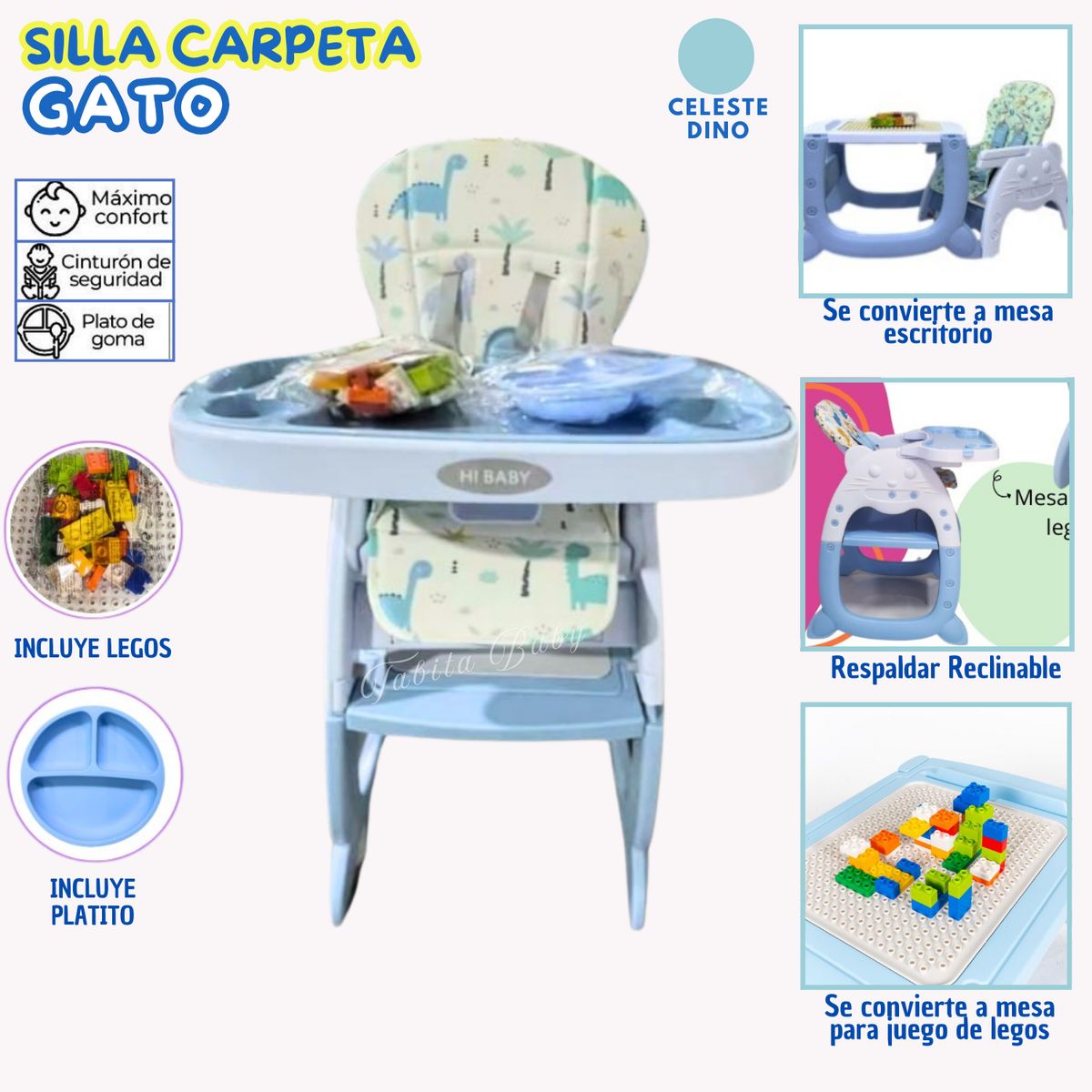 HI BABY - Silla de Comer para Bebé Carpeta Gato Celeste Dino