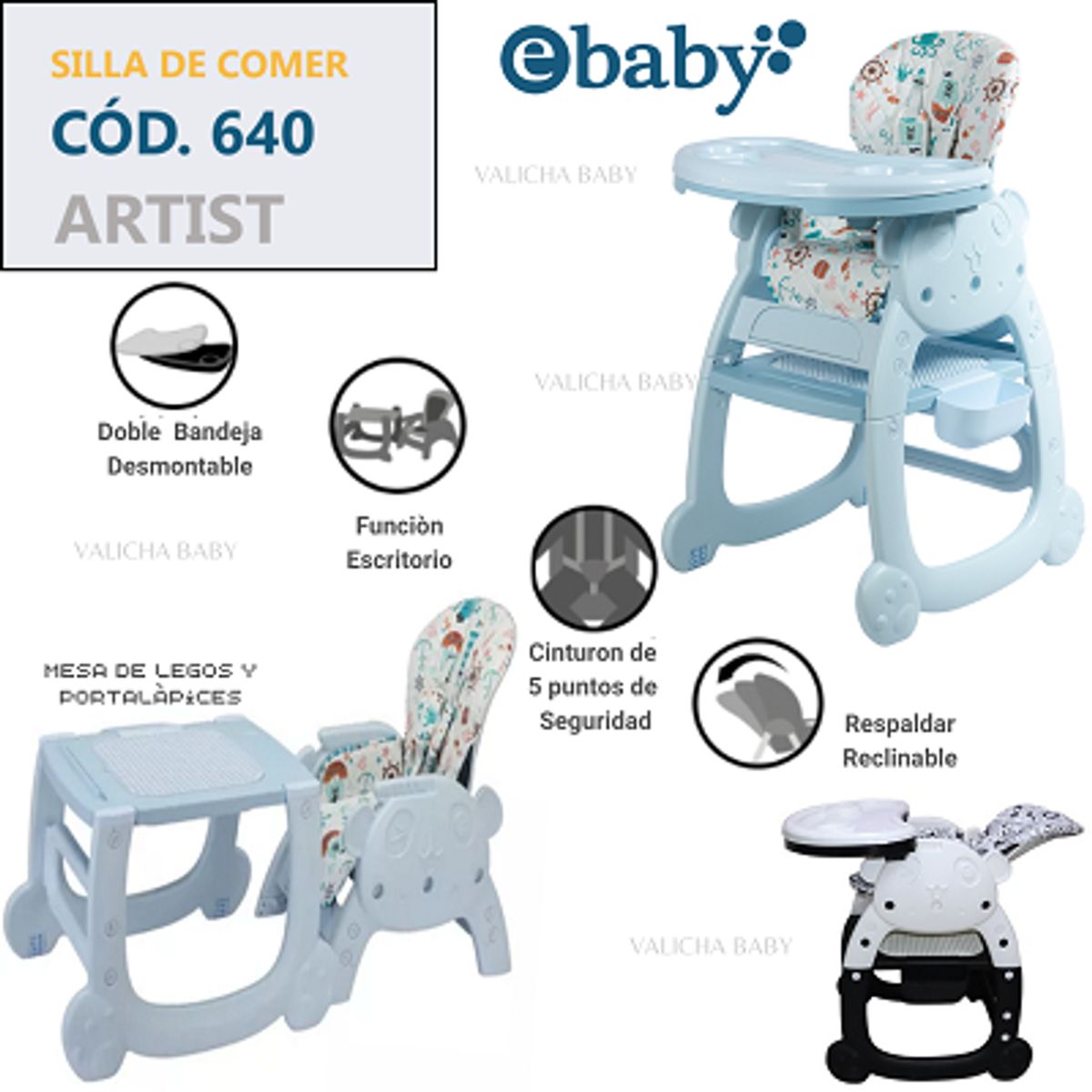 EBABY - SILLA  DE COMEDOR ESCRITORIO ARTIST CELESTE 4 EN 1 + OBSEQUIO 1 PLATITO Y 1 BOLSA DE LEGOS