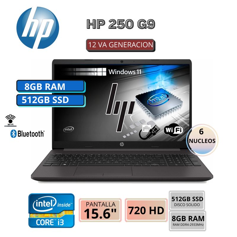 HP - Laptop Hp 250 G9 Core I3- 1215U, 15.6" Lcd, Ram 8Gb, Ssd 512Gb
