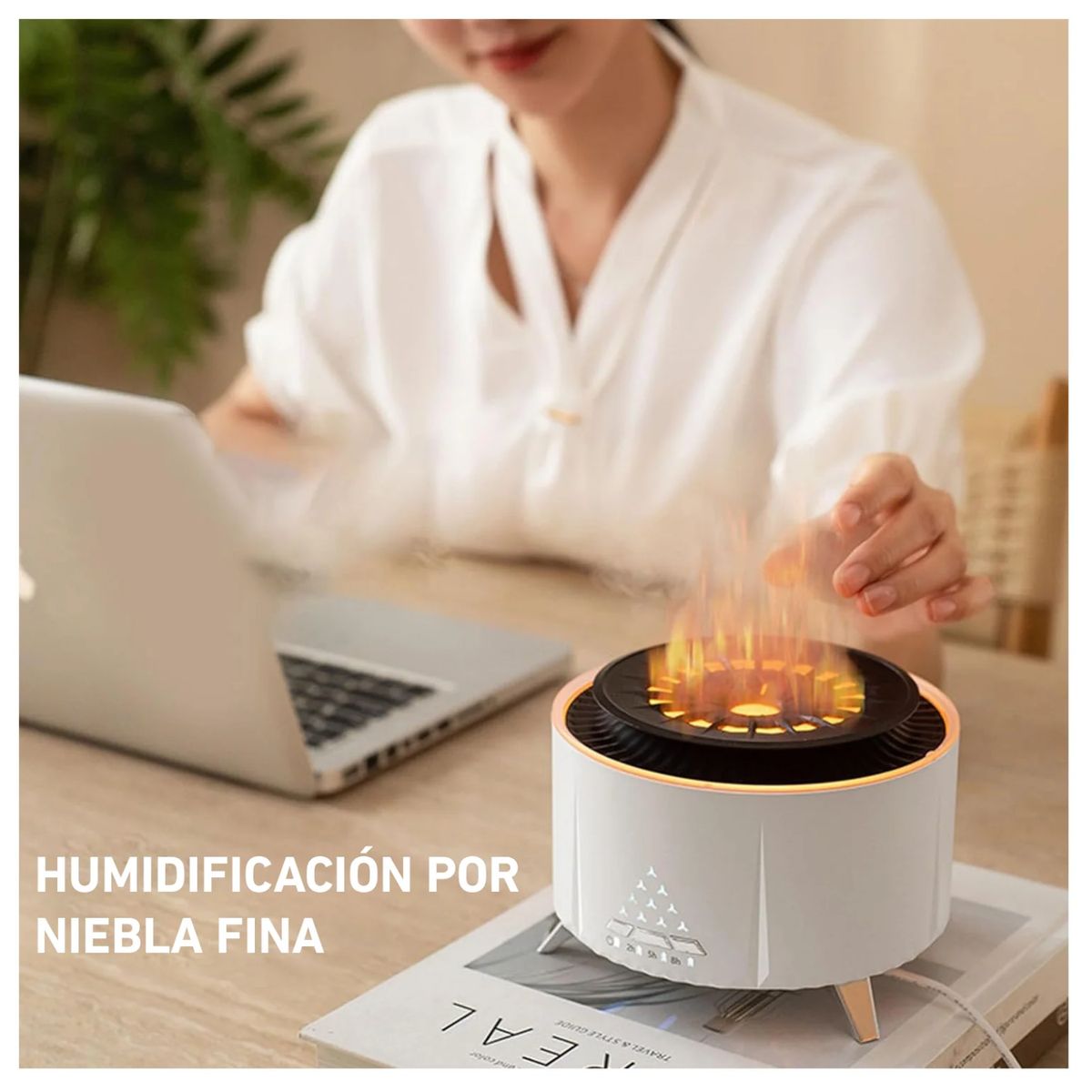 NEO DIGITAL - Humidificador Aromaterapia Volcán 3D V28 LED efecto Fuego 15cm Blanco
