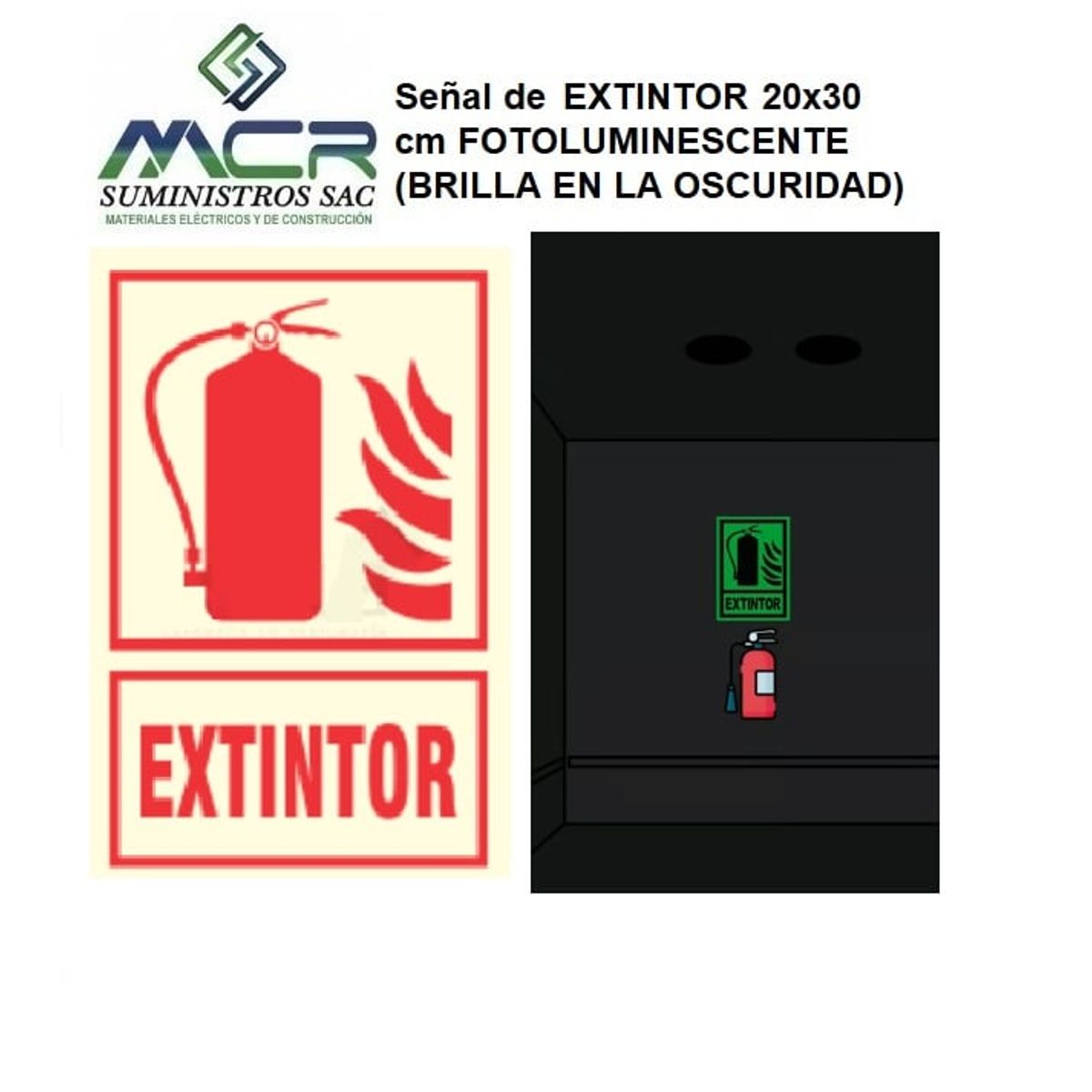 GENERICO - Señal de EXTINTOR 20x30 cm FOTOLUMINISCENTE BRILLA EN LA OSCURIDAD