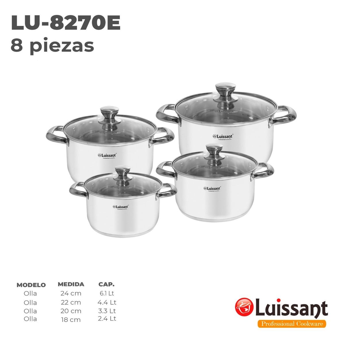 LUISSANT - Juego de ollas LUISSANT LU-8270E de Acero 08 Piezas