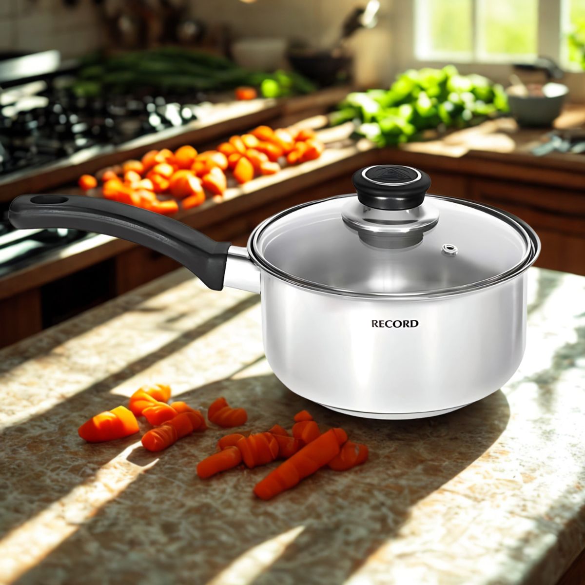 RECORD - Cacerola de Acero Inoxidable RECORD de 16 cm con Tapa de Vidrio MILENIUM