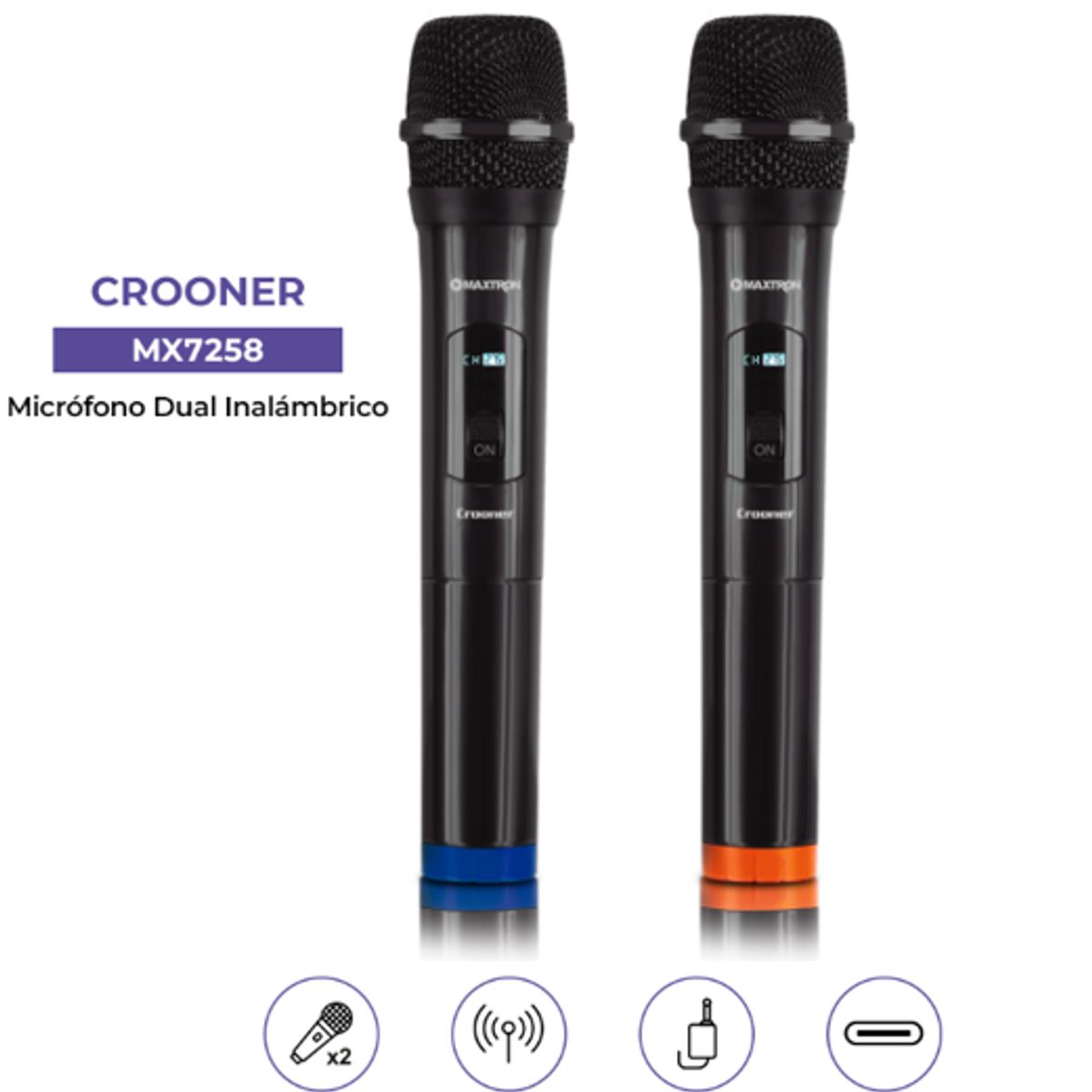 MAXTRON - Microfono Profesional CROONER MX7258 Dual Inalambrico WIFI MAXTRON