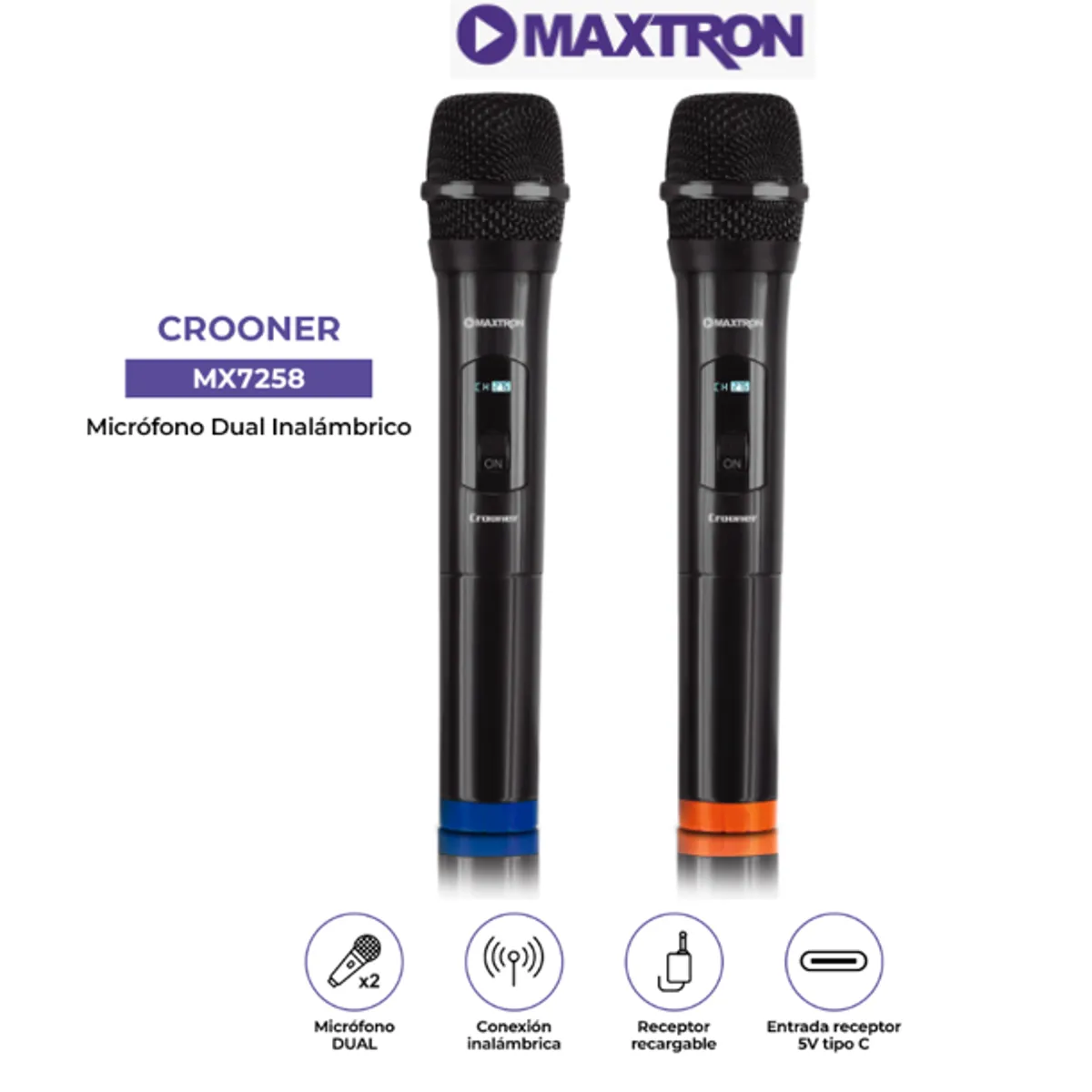 MAXTRON - Microfono Profesional CROONER MX7258 Dual Inalambrico WIFI MAXTRON