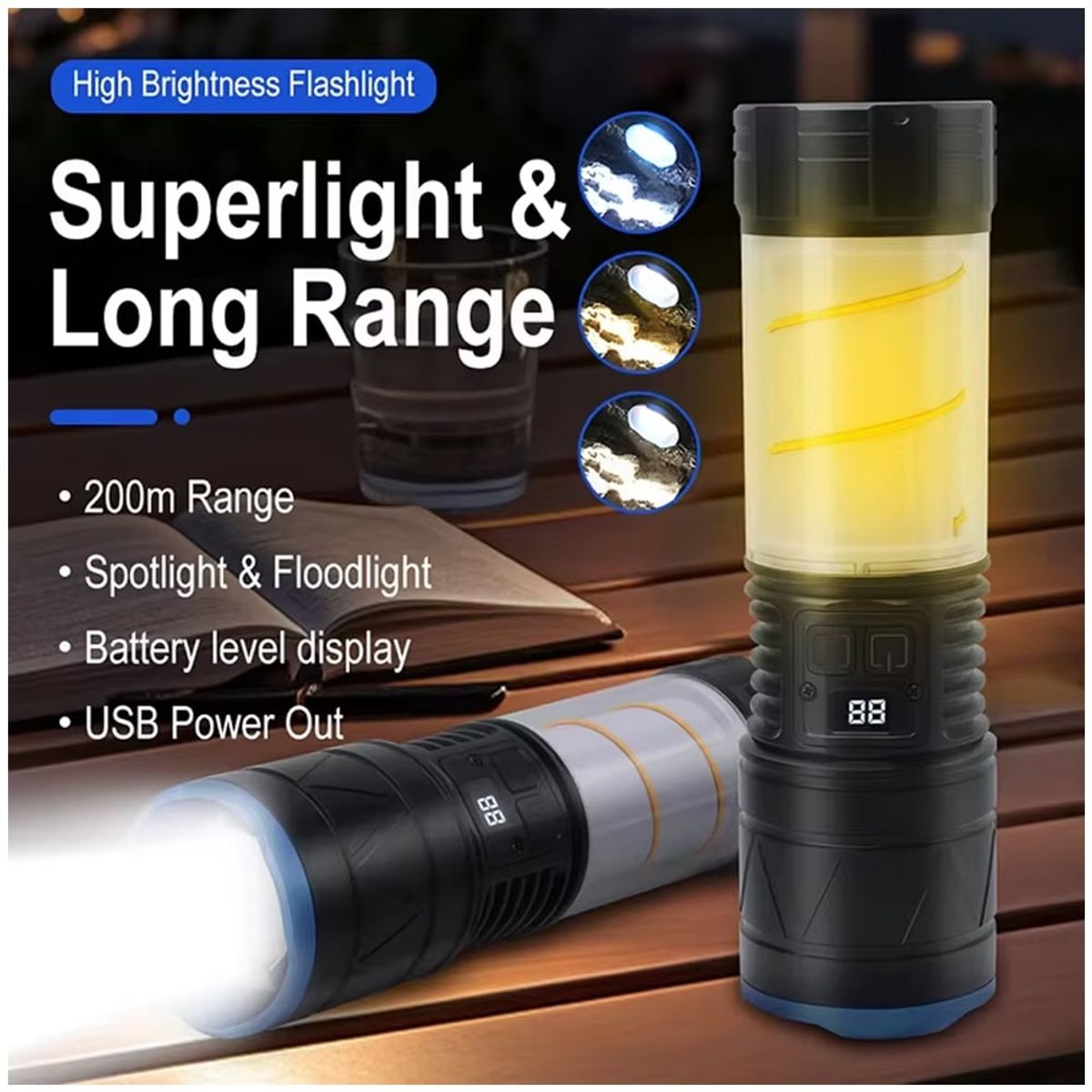 BESTON - Linterna potente Tactica recargable 1000 Lm zoom camping 2 en 1 18w