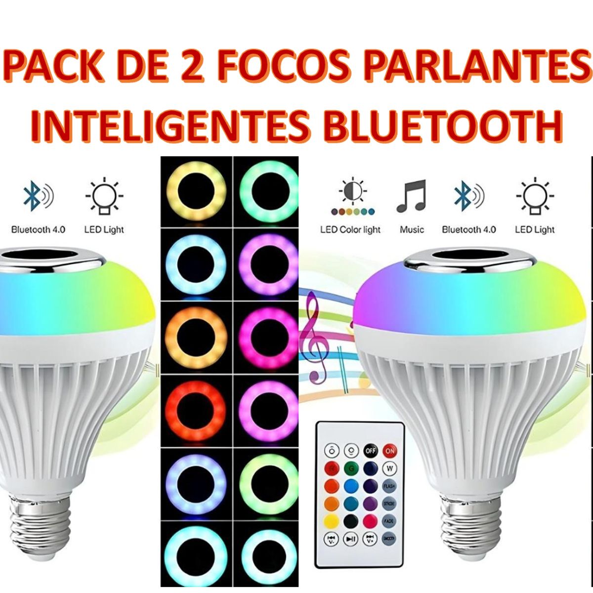 GENERICO - PACK DE 2 FOCOS LED PARLANTE INTELIGENTE MUSICAL BLUETOOTH MULTICOLOR