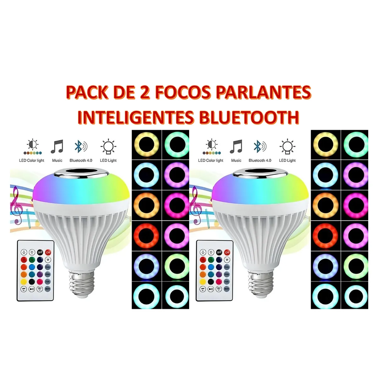 GENERICO - PACK DE 2 FOCOS LED PARLANTE INTELIGENTE MUSICAL BLUETOOTH MULTICOLOR