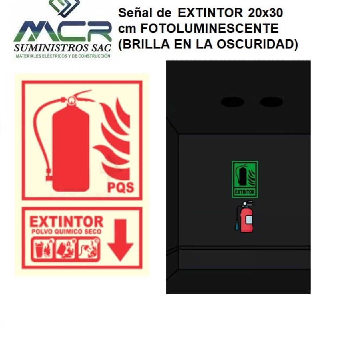 GENERICO - Señal de EXTINTOR 20x30 cm FOTOLUMINISCENTE BRILLA EN LA OSCURIDAD