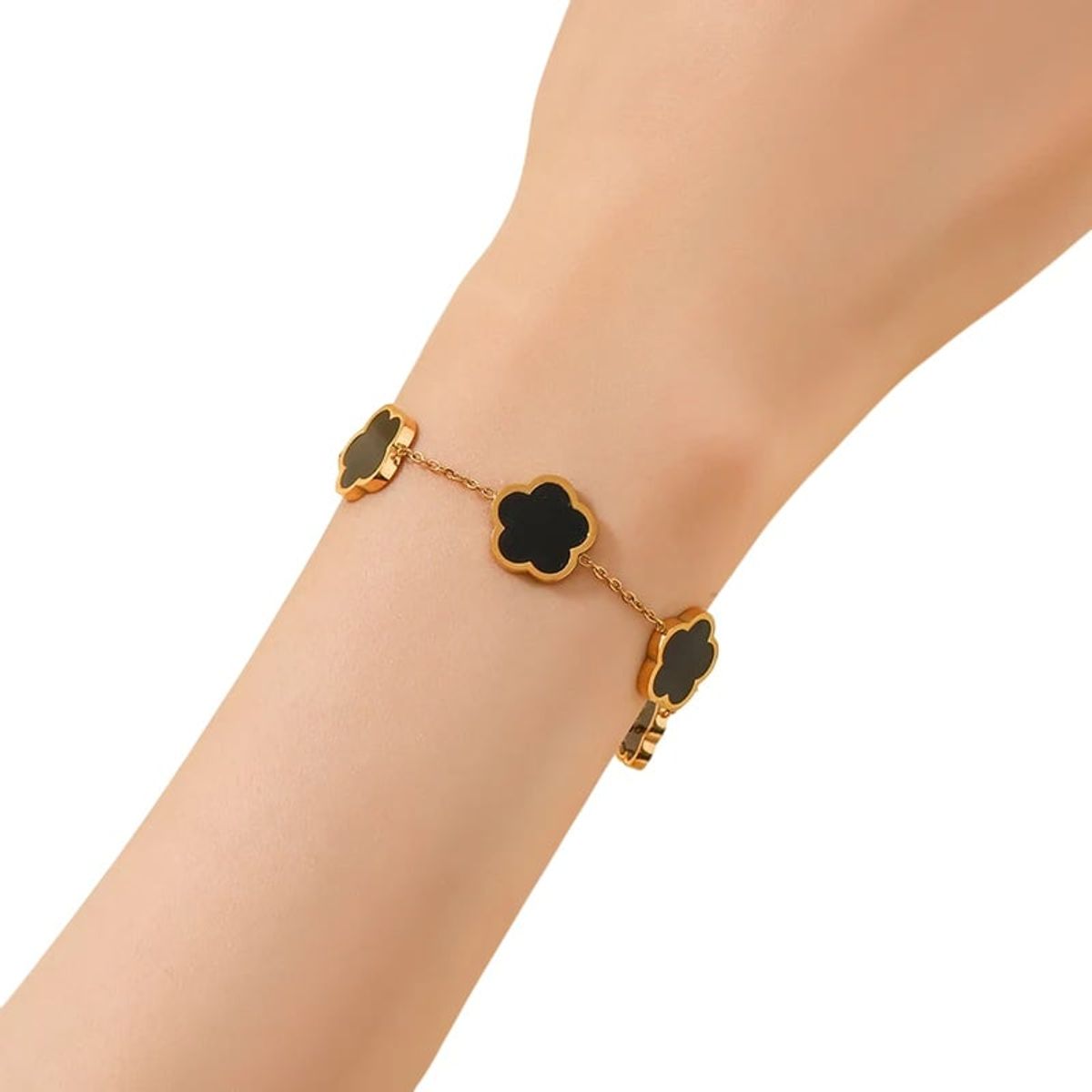 GENIEKA - Set Collar Aretes y Pulsera Trébol Negro Cinco Pétalos Suerte Genieka