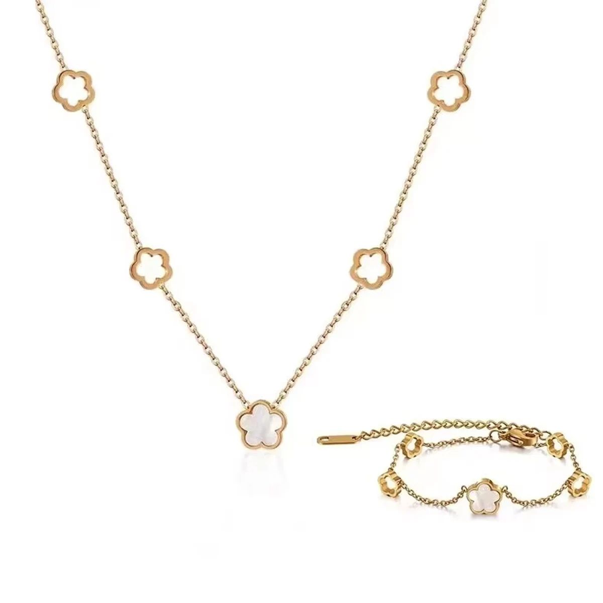 GENIEKA - Set Collar y Pulsera Trébol Nácar Blanco Suerte Cadena Dorada Genieka