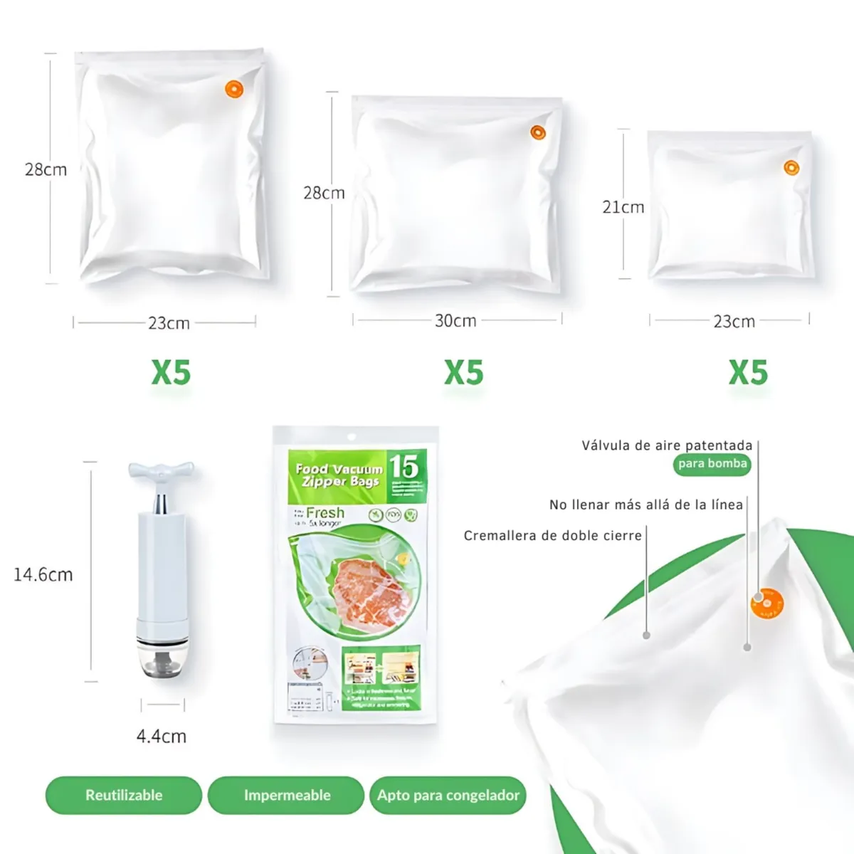 GENERICO - Set de bolsas gofradas de almacenamiento al vacío 15 bolsas