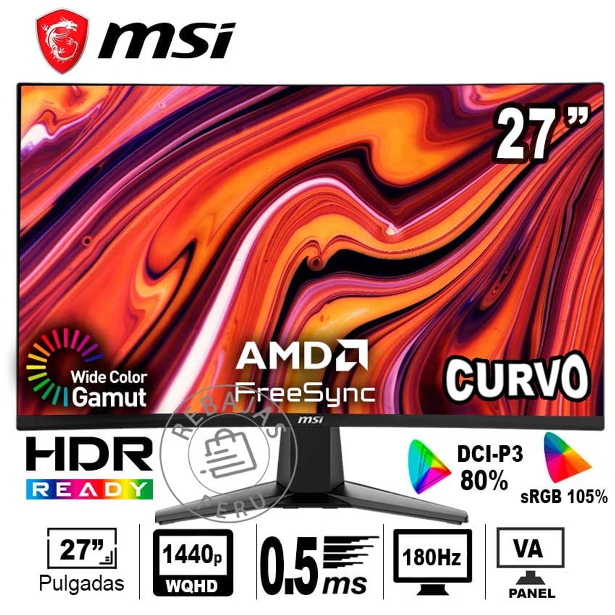 MSI - Monitor MSI 27CQ6F 27 Curvo QHD 180Hz 05ms FreeSync HDR