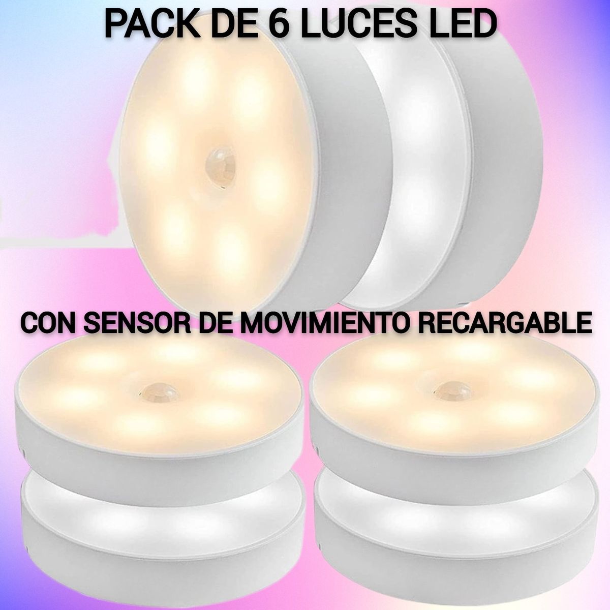GENERICO - PACK DE 6 LUCES LED CON SENSOR DE MOVIMIENTO RECARGABLE