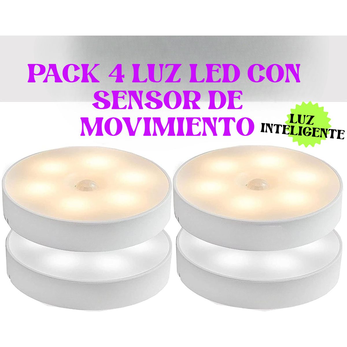 GENERICO - PACK DE 4 LUCES LED CON SENSOR DE MOVIMIENTO RECARGABLE