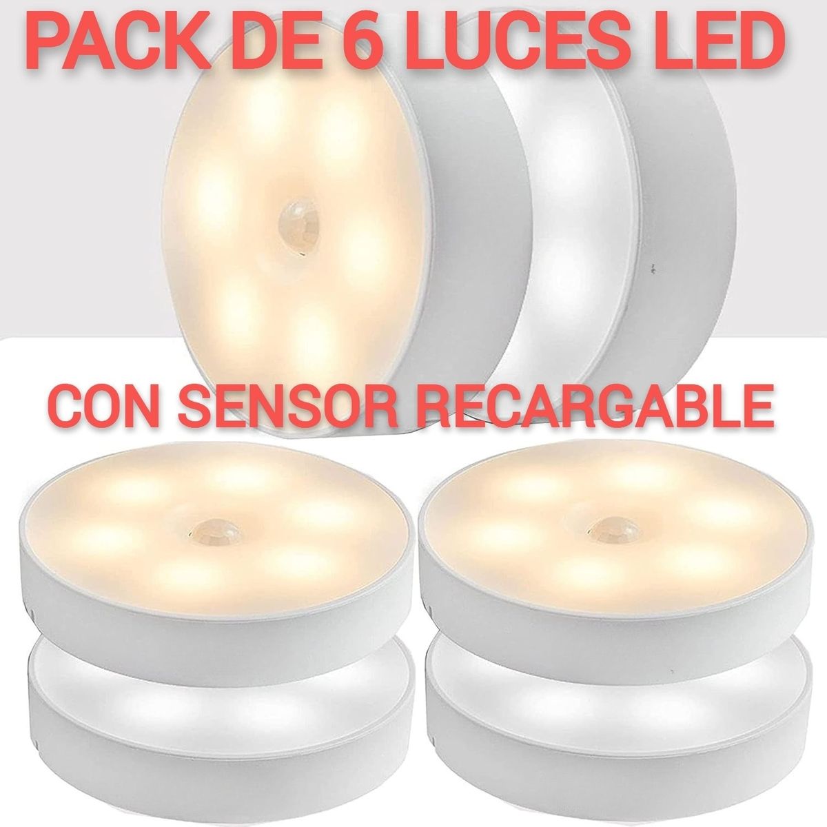 GENERICO - PACK DE 6 LUCES LED INTELIGENTE CON SENSOR DE MOVIMIENTO RECARGABLE