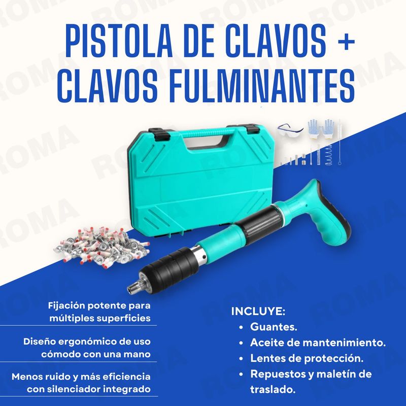 GENERICO - KIT PISTOLA DE CLAVOS CON MALETIN + 200 CLAVOS FULMINANTES