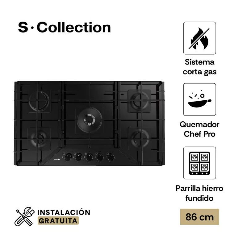 SOLE - Encimera Vidrio Templado A Gas 90 Cm S-Collection 5 Hornillas
