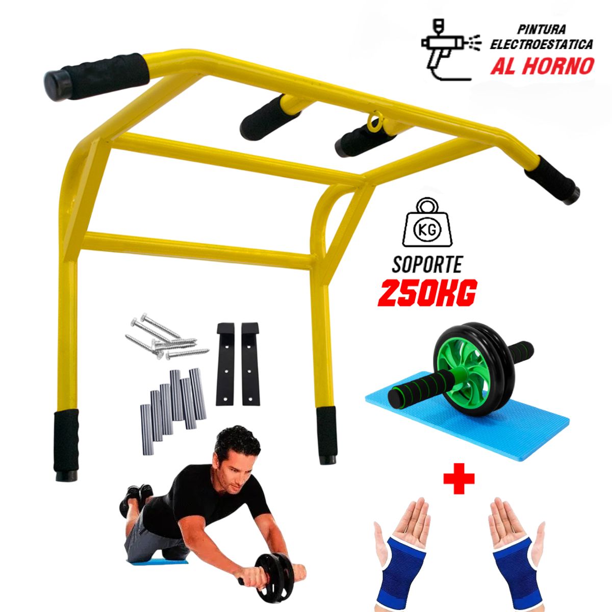 HOLGU - Barra Multifuncional 2 en 1 Premium +Rueda Ab+Guantes Gym