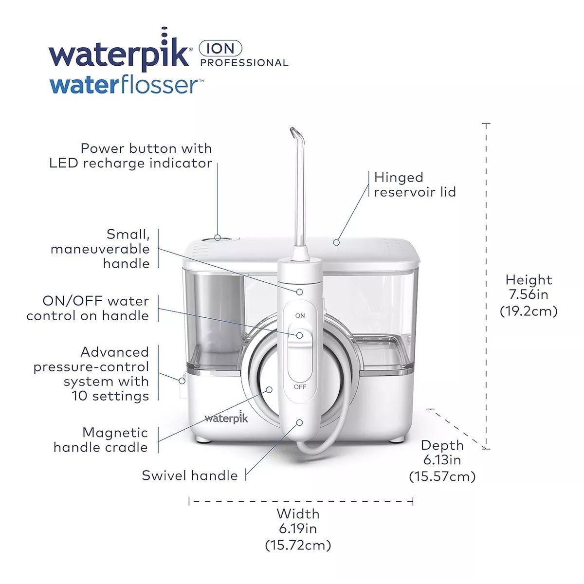 WATERPIK - Irrigador Bucal Waterpik Ion Inalambrico 7 Boquillas10 Niv