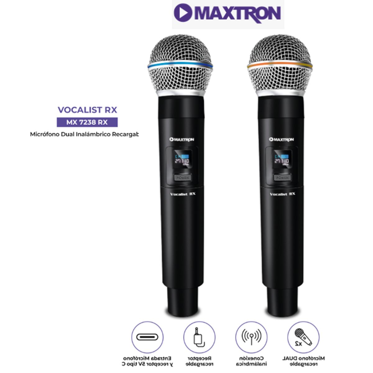 MAXTRON - Microfono Professional VOCALIST RX MX7238RX Dual Inalambrico MAXTRON