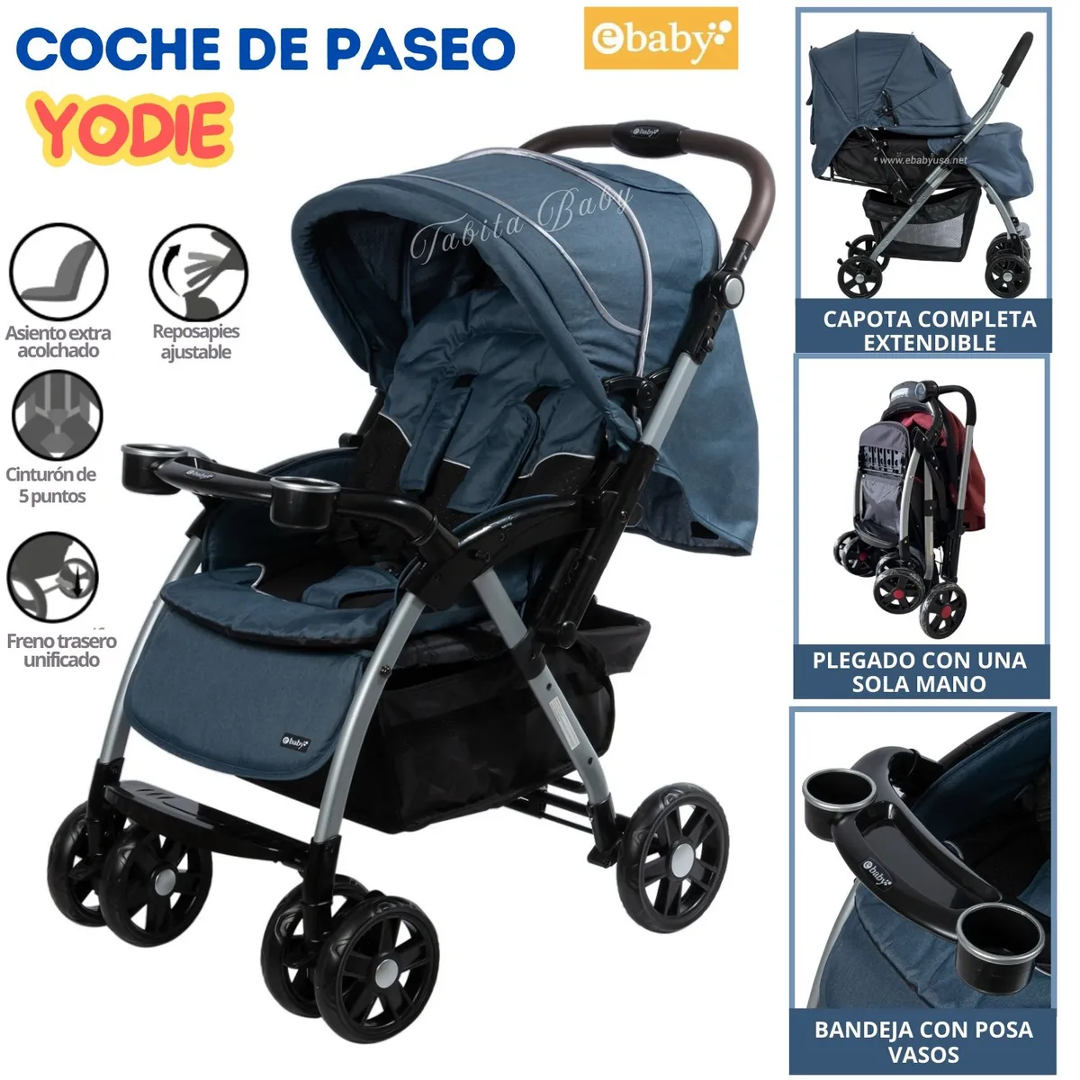 EBABY - Coche cuna para bebe mango reversible con bandeja Yodie Azul