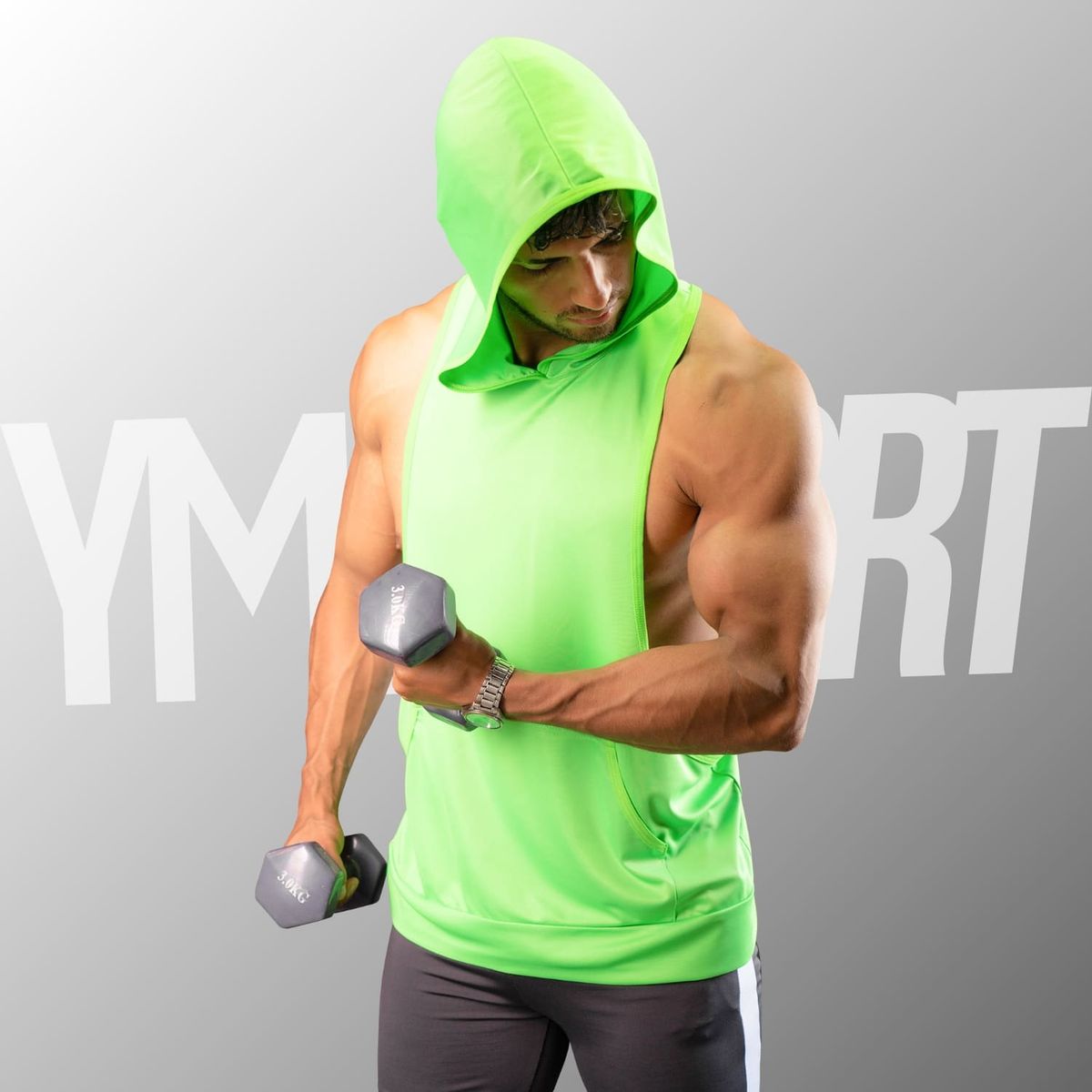 YML SPORT - Tank Top con Capucha Entrenamiento Hombre GYM Verde Limón YML Sport