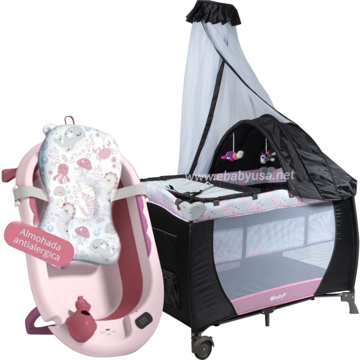 EBABY - Cuna Corral SALLY ROSA PLOMO + Tina Plegable rociador ROSA