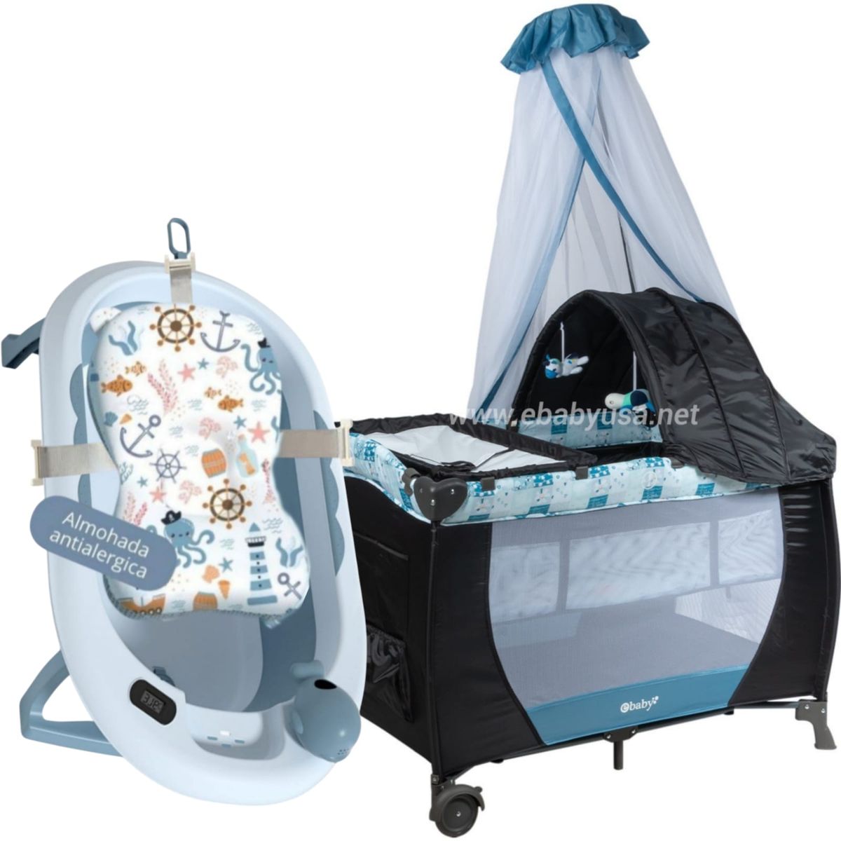 EBABY - Cuna Corral SALLY CELESTE + Tina Plegable con rociador CELES