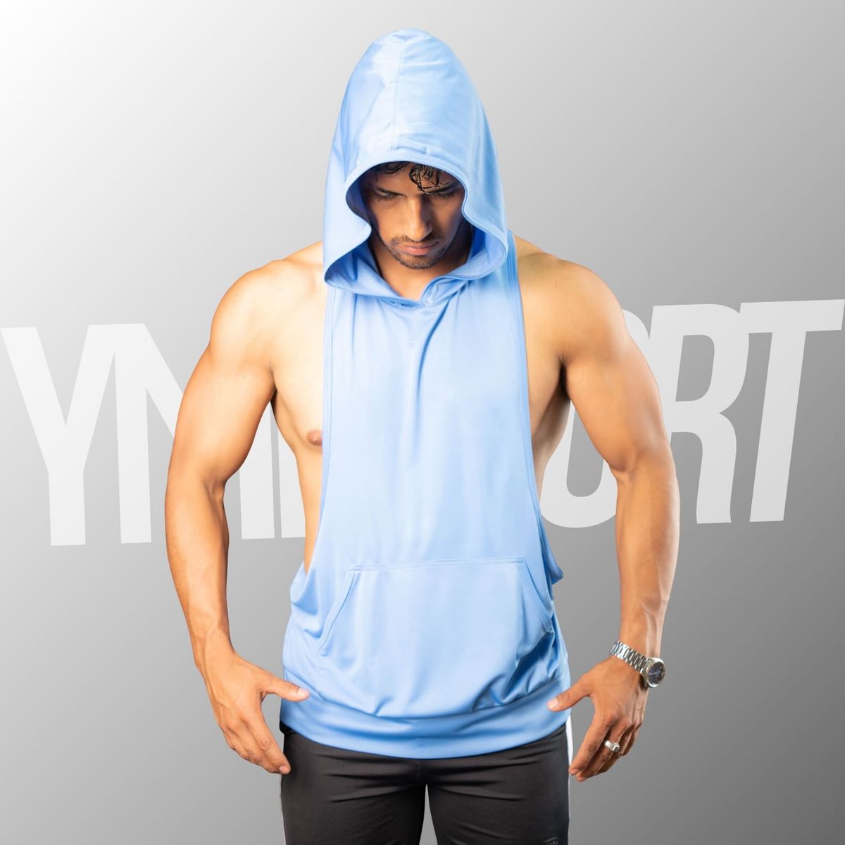 YML SPORT - Tank Top con Capucha Entrenamiento Hombre BVD GYM Celeste YML Sport