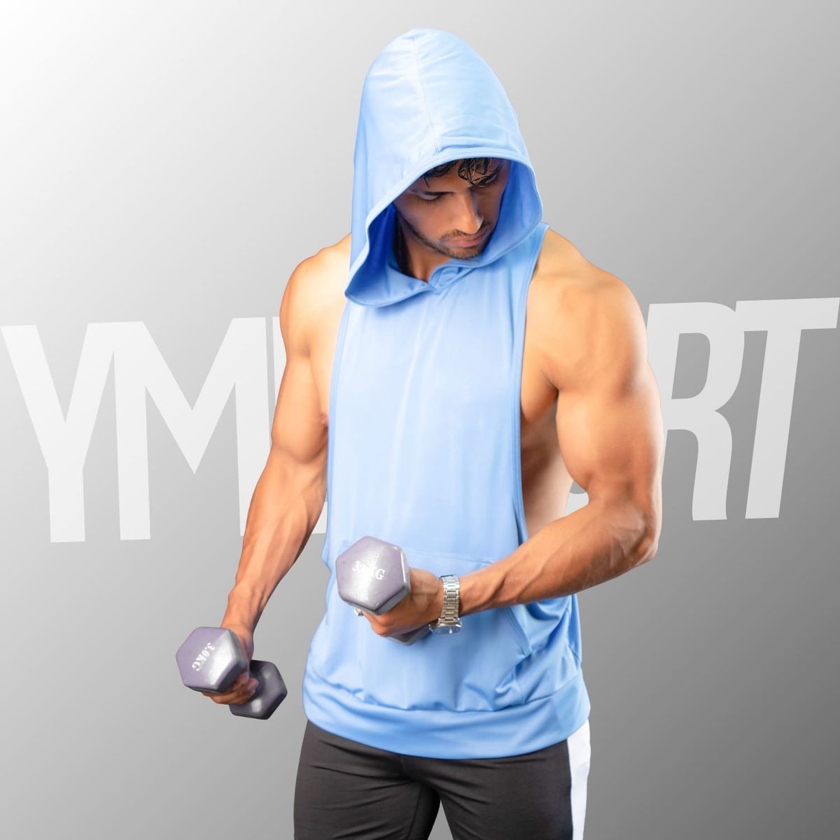 YML SPORT - Tank Top con Capucha Entrenamiento Hombre BVD GYM Celeste YML Sport