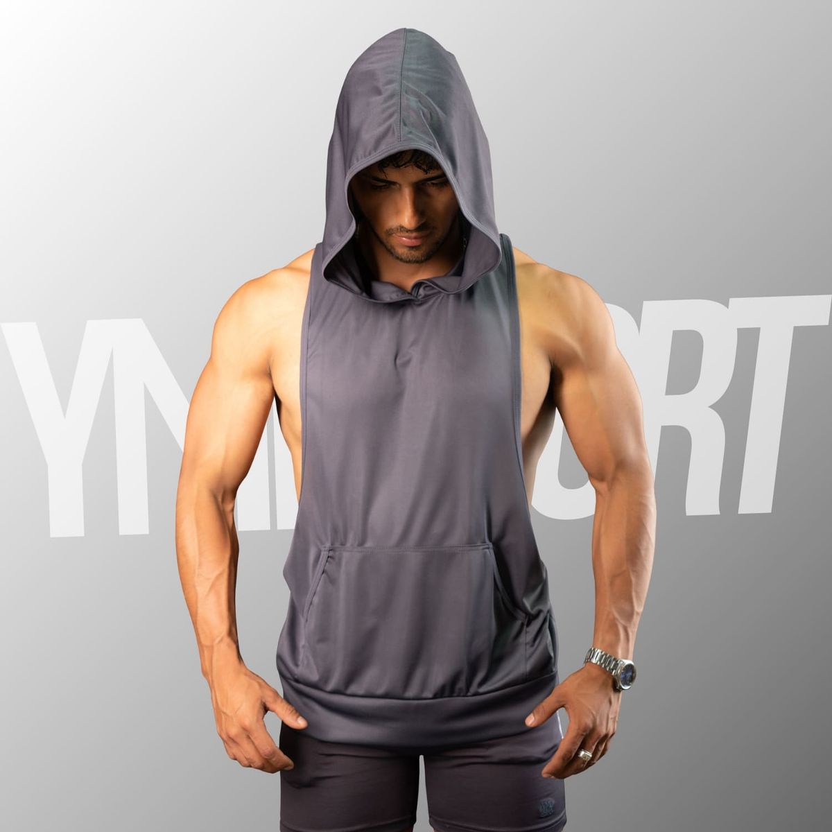 YML SPORT - Tank Top con Capucha Entrenamiento Hombre BVD GYM Plomo YML Sport
