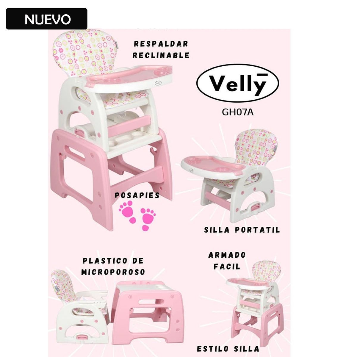 GENERICO - Silla carpeta para Bebe 3 en 1 Velly Rosado
