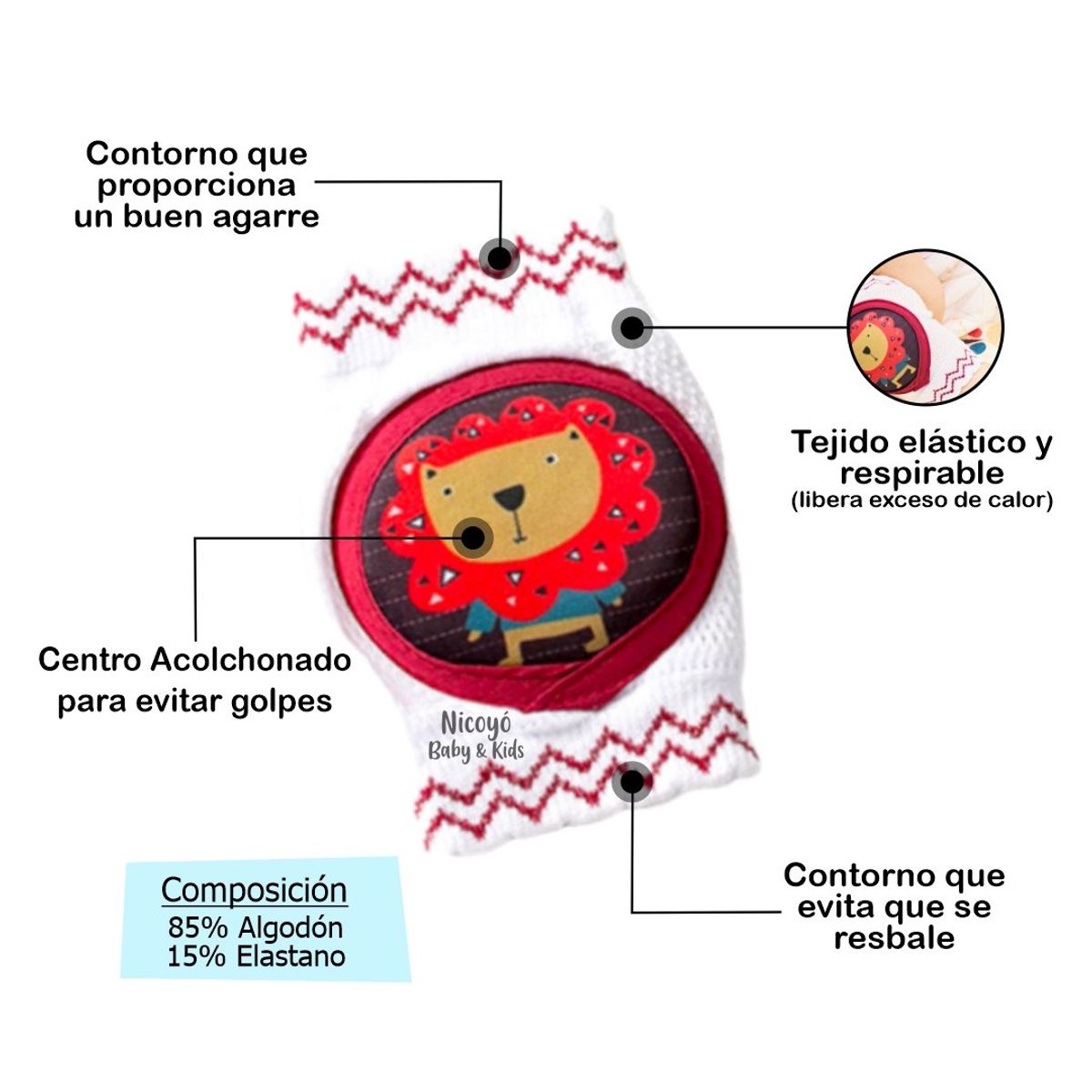 BABY - Rodilleras Acolchonadas Anti Golpes para Bebés -León Blanco