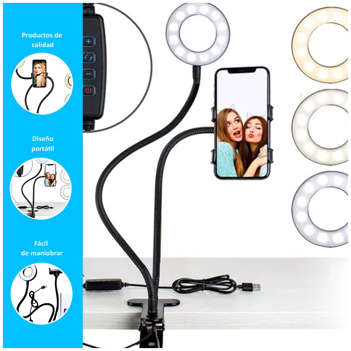 GENERICO - Aro de Luz LED para Mesa con Soporte para Celular