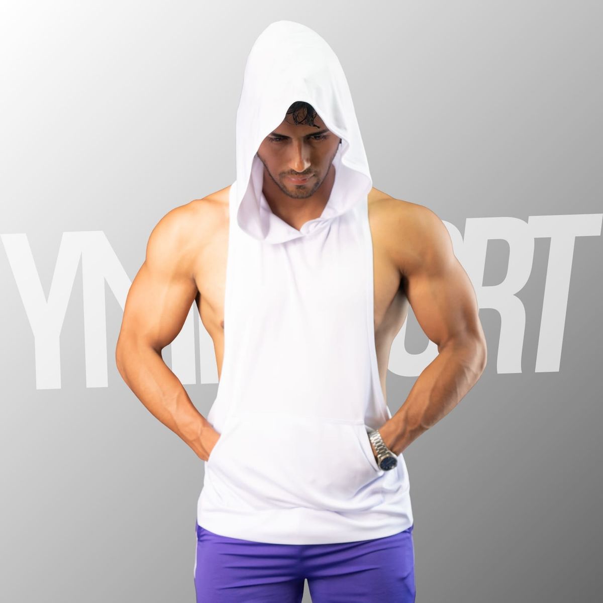 YML SPORT - Tank Top con Capucha Entrenamiento Hombre BVD GYM Blanco YML Sport