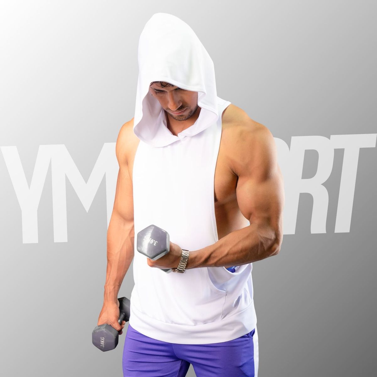 YML SPORT - Tank Top con Capucha Entrenamiento Hombre BVD GYM Blanco YML Sport