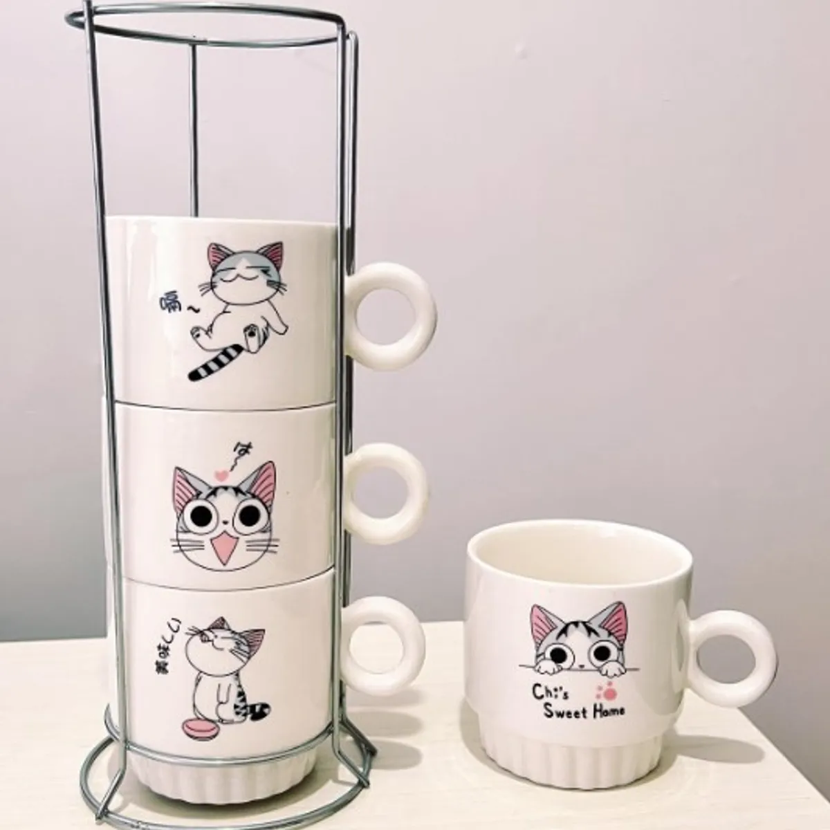 GENERICO - Juego de 4 Tazas  Apilables con soporte de metal Negro